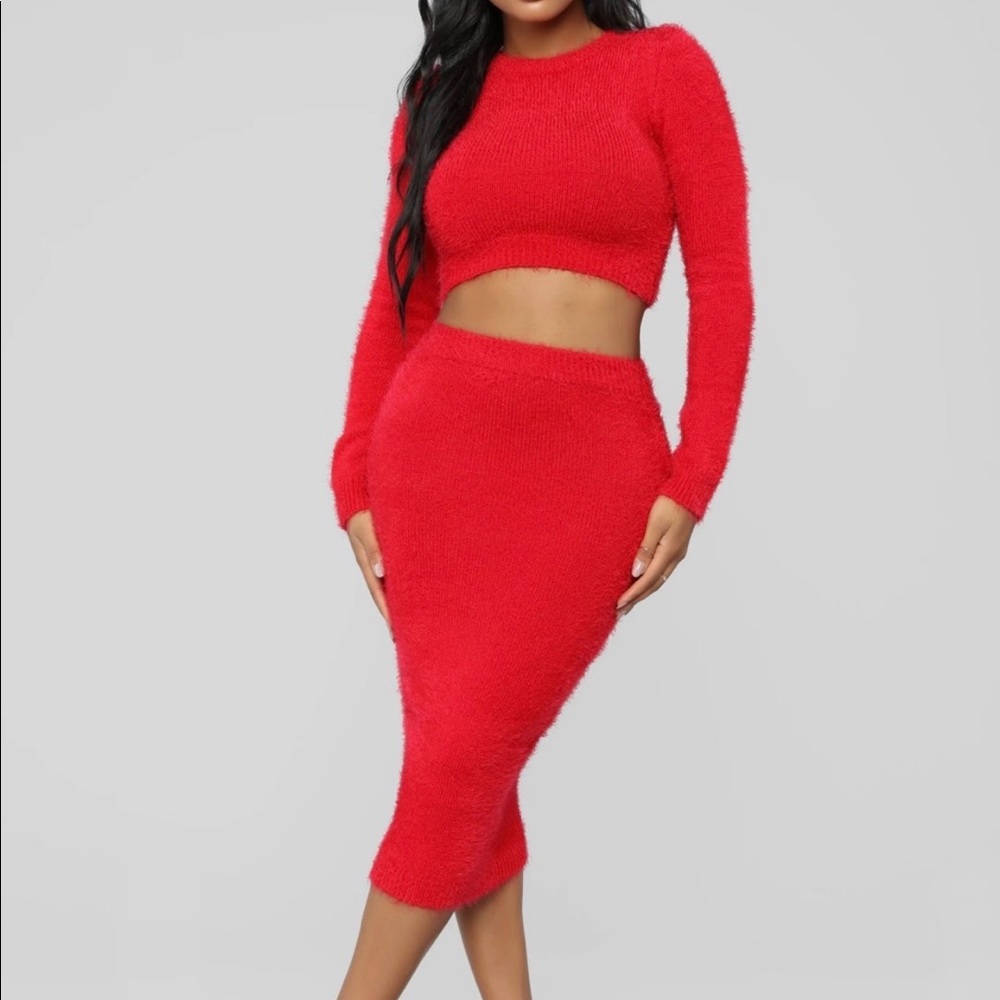Two Piece Red Skirt Sweater Set